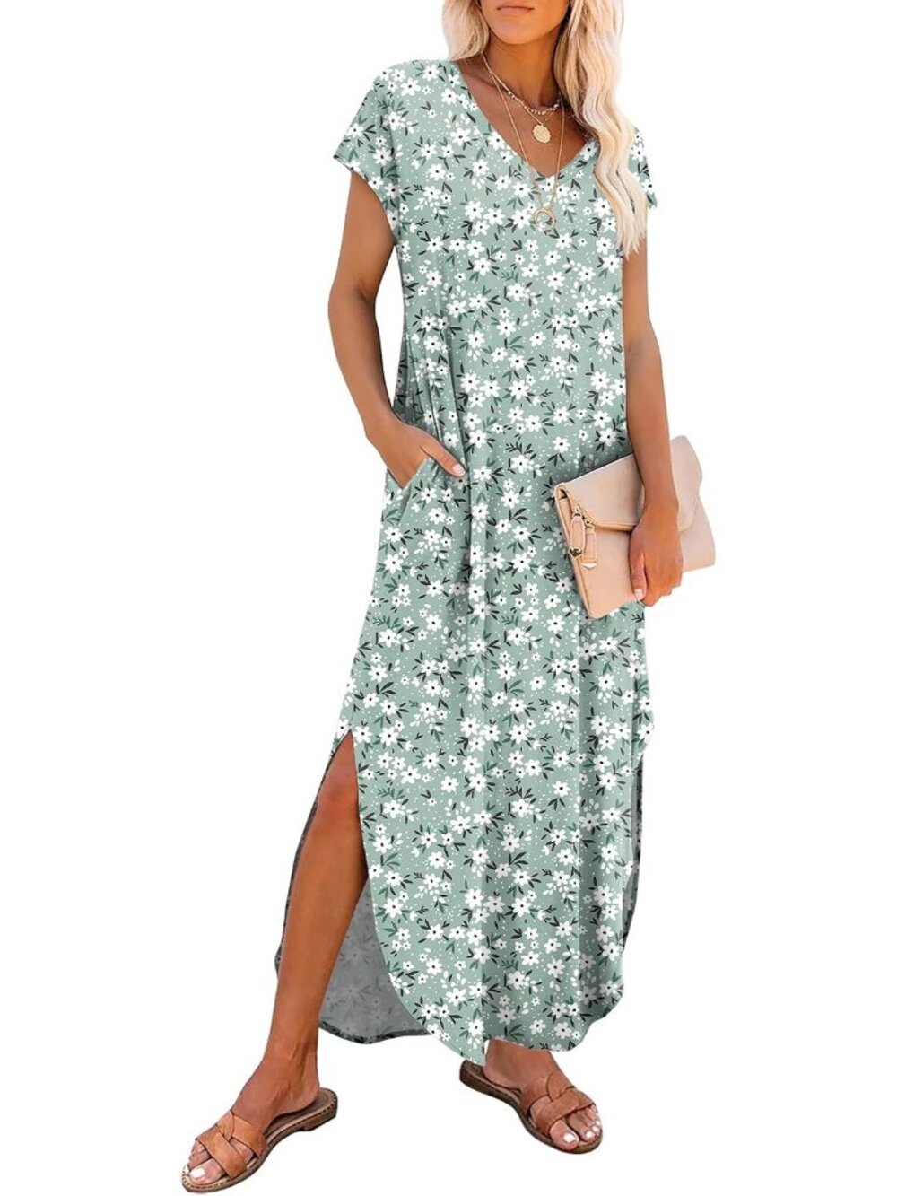 Women's Lvsuihua Pull Over V-Neck Cap Sleeve Casual Long Maxi Sundress